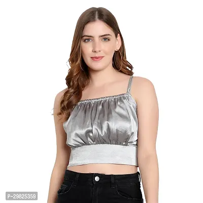 Elegant Silver Satin Solid Crop Length Top For Women-thumb0