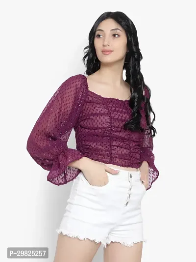 Elegant Purple Georgette Self Design Crop Length Top For Women-thumb3