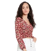 Elegant Red Crepe Floral Print Crop Length Top For Women-thumb2