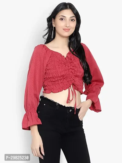 Elegant Red Crepe Self Design Crop Length Top For Women-thumb3