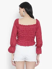 Elegant Red Crepe Polka Dot Print Crop Length Top For Women-thumb3