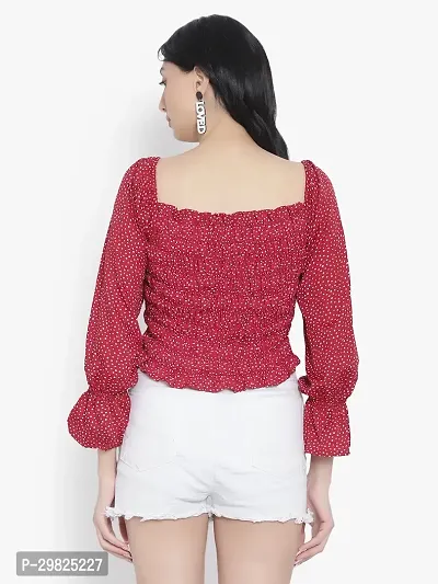 Elegant Red Crepe Polka Dot Print Crop Length Top For Women-thumb4