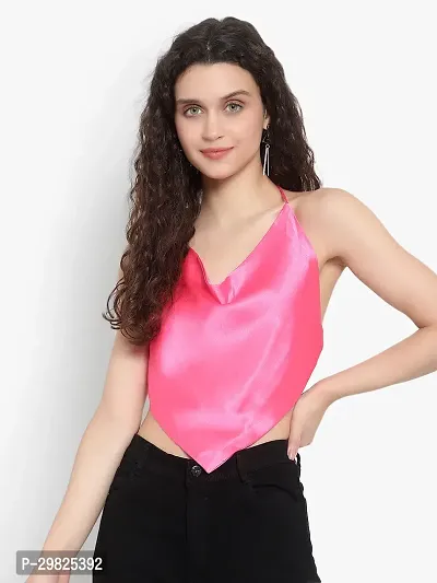 Elegant Pink Satin Solid Crop Length Top For Women-thumb0