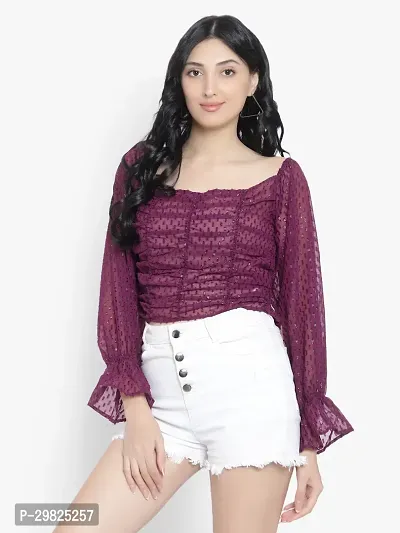 Elegant Purple Georgette Self Design Crop Length Top For Women-thumb0