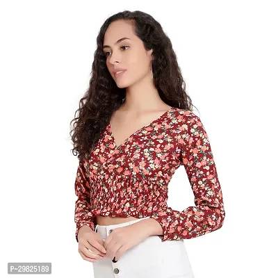 Elegant Red Crepe Floral Print Crop Length Top For Women-thumb2