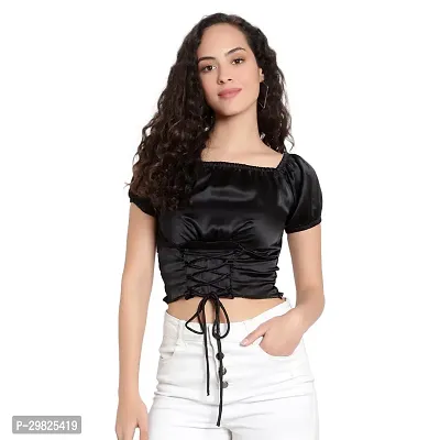 Elegant Black Satin Solid Crop Length Top For Women-thumb0