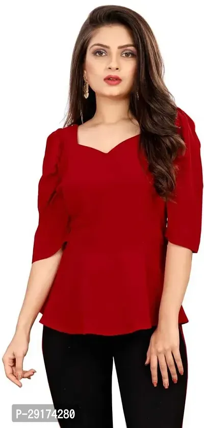 Pyramid Fashions Casual 3/4 Sleeve Solid Women Red Top