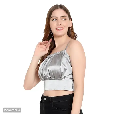 Elegant Silver Satin Solid Crop Length Top For Women-thumb2