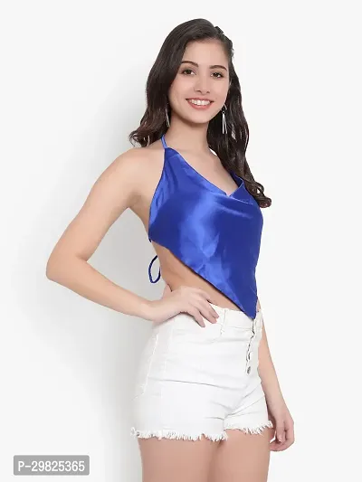 Elegant Blue Satin Solid Crop Length Top For Women-thumb2