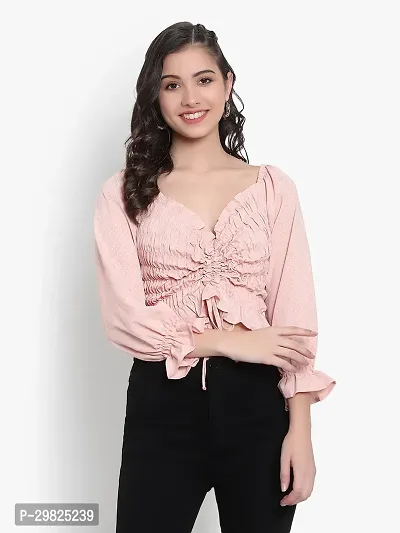 Elegant Pink Crepe Self Design Crop Length Top For Women-thumb0