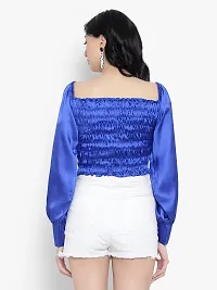 Elegant Blue Satin Solid Crop Length Top For Women-thumb3