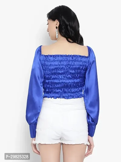 Elegant Blue Satin Solid Crop Length Top For Women-thumb4