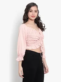 Elegant Pink Crepe Self Design Crop Length Top For Women-thumb1