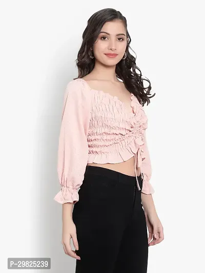 Elegant Pink Crepe Self Design Crop Length Top For Women-thumb2