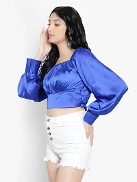 Elegant Blue Satin Solid Crop Length Top For Women-thumb1