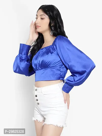 Elegant Blue Satin Solid Crop Length Top For Women-thumb2