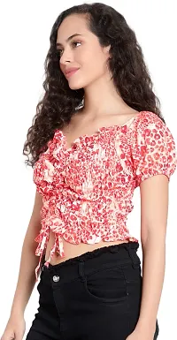 Pyramid Fashions Casual Floral Print Women Red White Top-thumb2