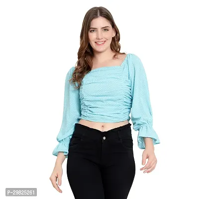 Elegant Blue Georgette Self Design Crop Length Top For Women-thumb0