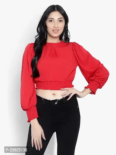 Elegant Red Crepe Solid Crop Length Top For Women-thumb0