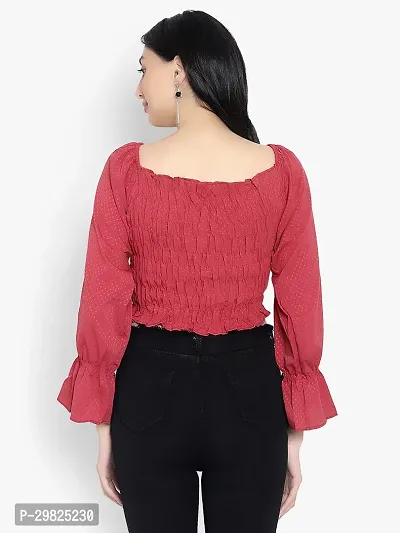 Elegant Red Crepe Self Design Crop Length Top For Women-thumb4