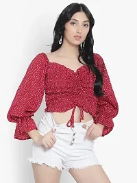 Elegant Red Crepe Polka Dot Print Crop Length Top For Women-thumb2