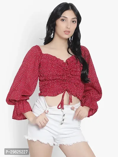 Elegant Red Crepe Polka Dot Print Crop Length Top For Women-thumb3