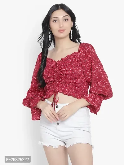 Elegant Red Crepe Polka Dot Print Crop Length Top For Women-thumb0