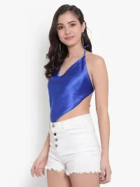 Elegant Blue Satin Solid Crop Length Top For Women-thumb2