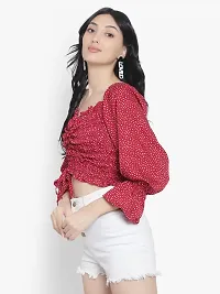 Elegant Red Crepe Polka Dot Print Crop Length Top For Women-thumb1