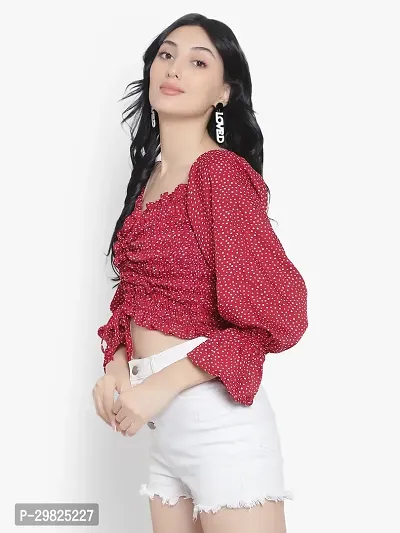 Elegant Red Crepe Polka Dot Print Crop Length Top For Women-thumb2