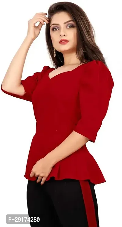 Pyramid Fashions Casual 3/4 Sleeve Solid Women Red Top-thumb3