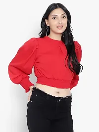 Elegant Red Crepe Solid Crop Length Top For Women-thumb2