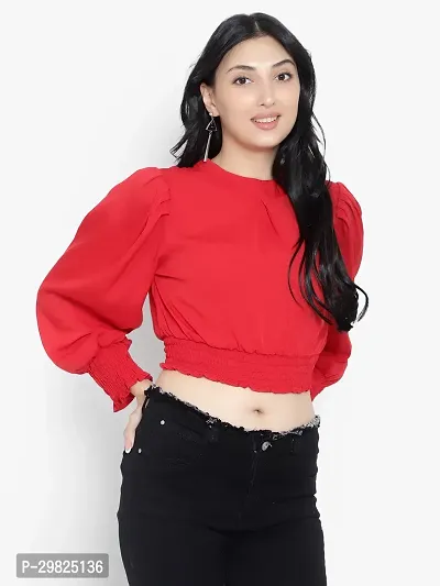 Elegant Red Crepe Solid Crop Length Top For Women-thumb3