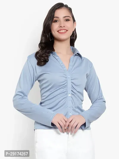 Pyramid Fashion Women Solid Casual Light Blue Shirt