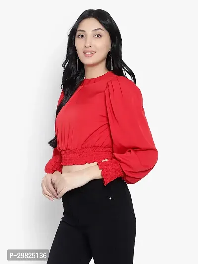 Elegant Red Crepe Solid Crop Length Top For Women-thumb2