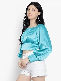 Elegant Blue Satin Solid Crop Length Top For Women-thumb2