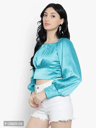 Elegant Blue Satin Solid Crop Length Top For Women-thumb3