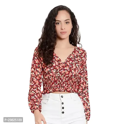 Elegant Red Crepe Floral Print Crop Length Top For Women-thumb0