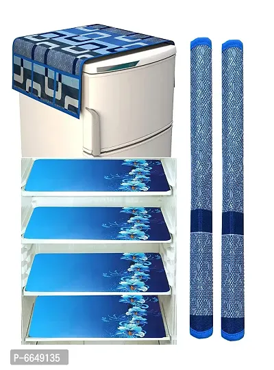 Premium Quality Combo of Decorative Kitchen Combo Fridge Top Cover (Blue Box) with 2 Fridge Handle Cover and 4 Fridge Mats, Printed Blue, Set of 7 Piecenbsp;
