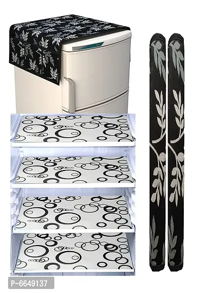 Premium Quality Combo of Decorative Kitchen Combo Fridge Top Cover (Black Leaf) with 2 Fridge Handle Cover and 4 Fridge Mats, Printed Black, Set of 7 Piece