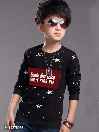 Stylish Cotton Black Printed Round Neck Long Sleeves T-shirt For Boys