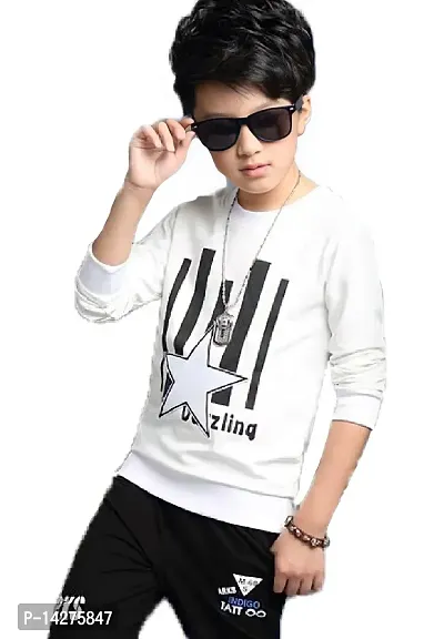 Stylish Cotton White Printed Round Neck Long Sleeves T-shirt For Boys-thumb0