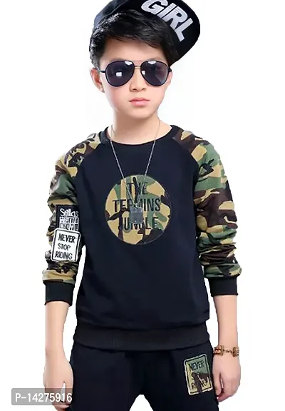 Stylish Cotton Navy Blue Printed Round Neck Long Sleeves T-shirt For Boys