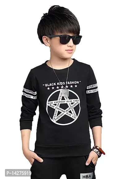 Stylish Cotton Black Printed Round Neck Long Sleeves T-shirt For Boys
