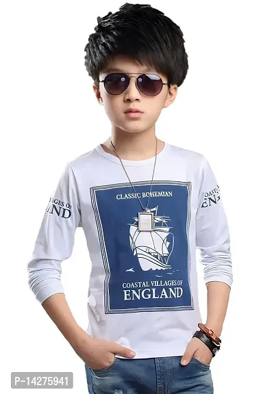 Stylish Cotton White Printed Round Neck Short Sleeves T-shirt For Boys