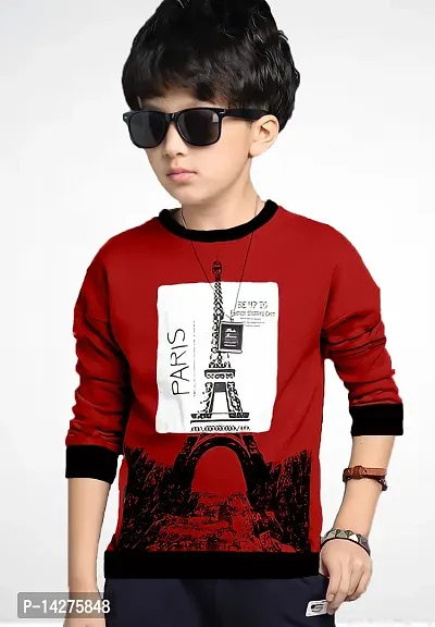 Stylish Cotton Red Printed Round Neck Long Sleeves T-shirt For Boys-thumb0