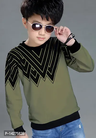 Stylish Cotton Olive Printed Round Neck Long Sleeves T-shirt For Boys-thumb0