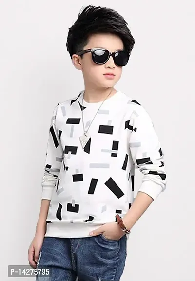 Stylish Cotton White Printed Round Neck Long Sleeves T-shirt For Boys-thumb0