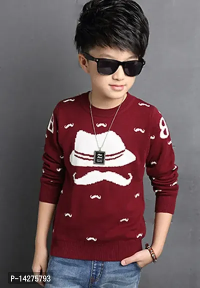 Stylish Cotton Maroon Printed Round Neck Long Sleeves T-shirt For Boys