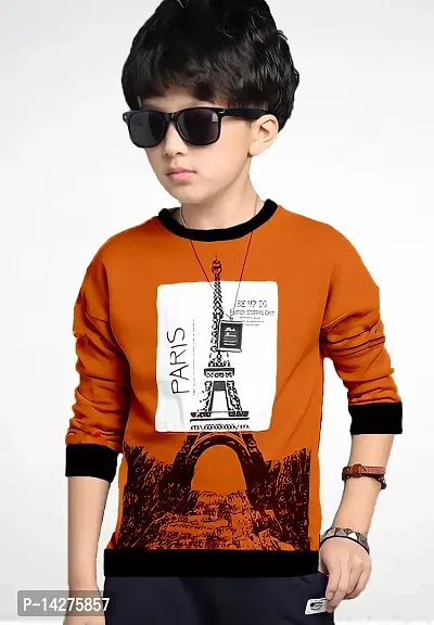 Stylish Cotton Orange Printed Round Neck Long Sleeves T-shirt For Boys-thumb0